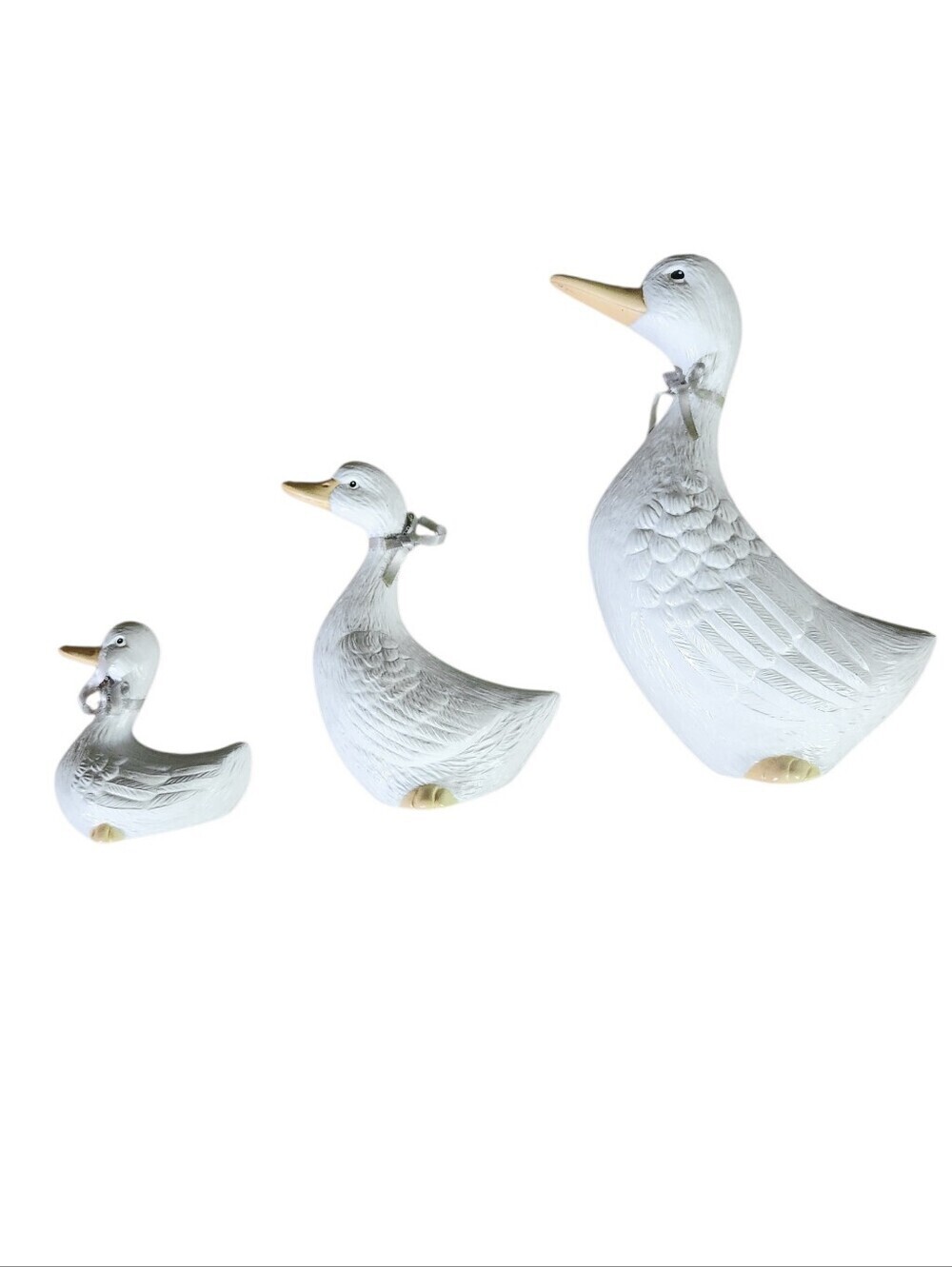 Cottagecore White Ceramic Duck With Ribbon Bow Hangers Set Of 3